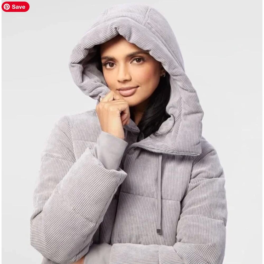 Sam Edelman Gray Quilted Corduroy Puffer Jacket Coat Hood Women's M Medium - Picture 3 of 15